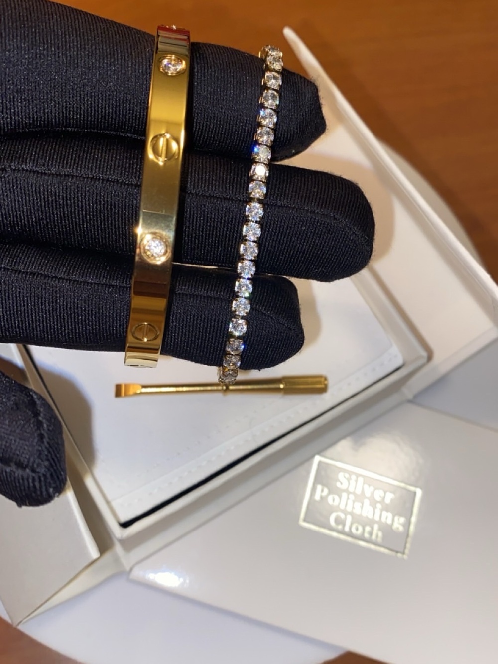 Gold Screw Love Bracelet with Sparkling Tennis Bracelet - Gold